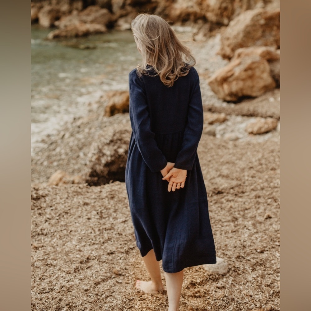SAUTHS Navy Blue Linen Midi Dress Lagenlook Sz XS Relaxed Fit Casual Vacation